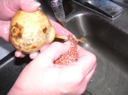 00555 cleaning a dry gourd with a choir boy